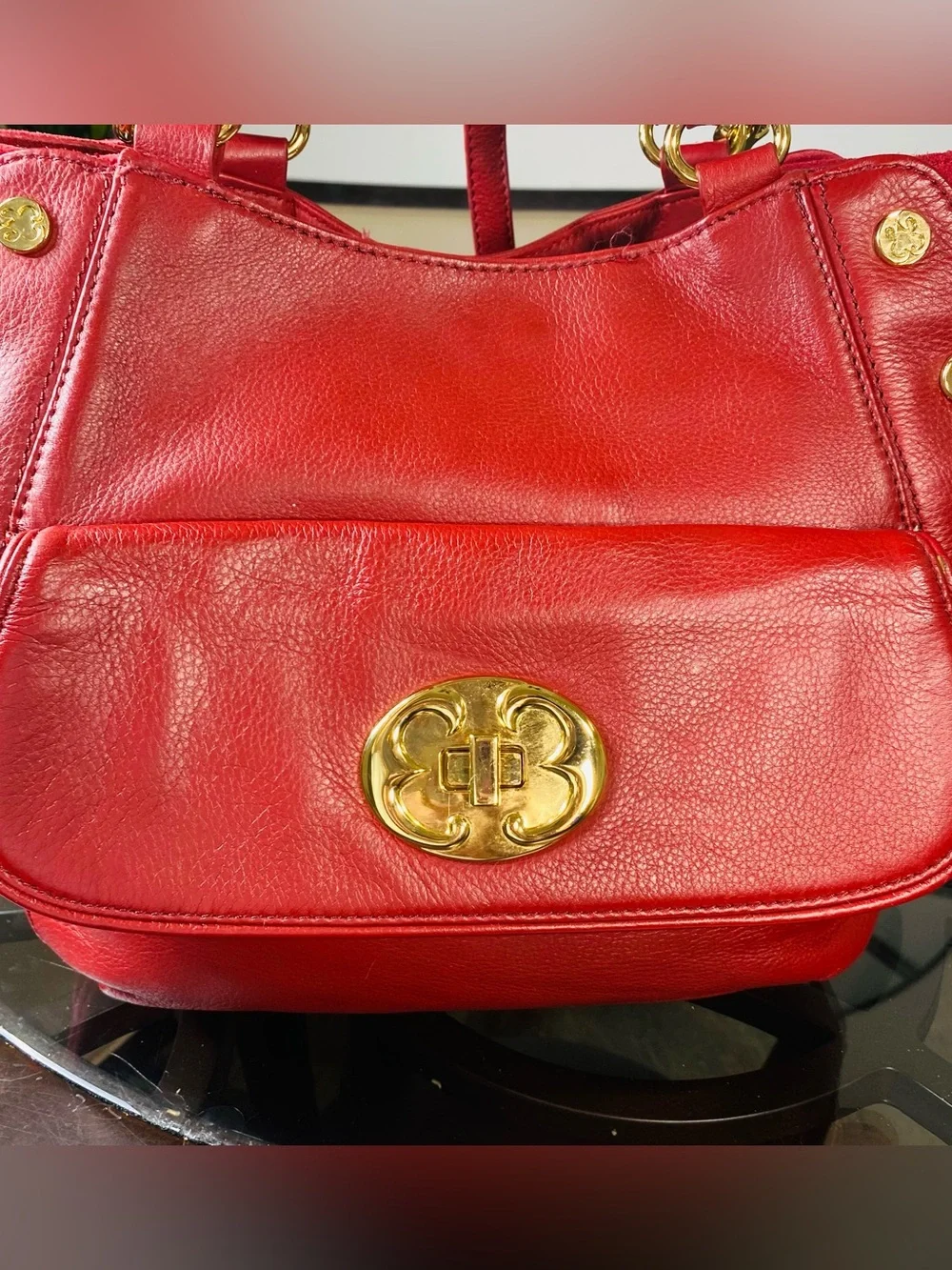 Emma Fox Red Pebbled Leather Handbag Gold Rivet Studs Floral Lining Satchel